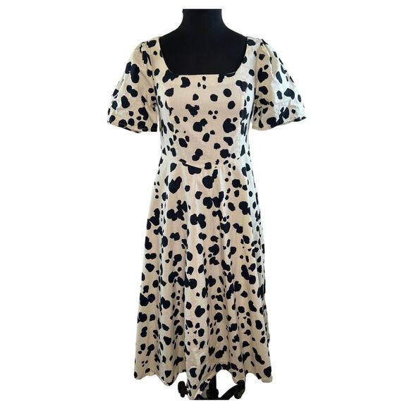 COLLUSION Pointed Waist Puff Sleeve Animal Print Midi Dress Beige Black Size 4 - Picture 1 of 8